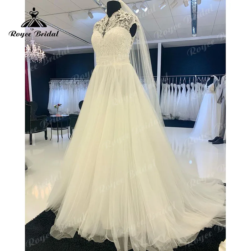 Boho abiti da sposa collo alto manica berretto corpetto di pizzo pieghe di Tulle senza schienale spiaggia 2023 abito da sposa Vintage su misura elegante