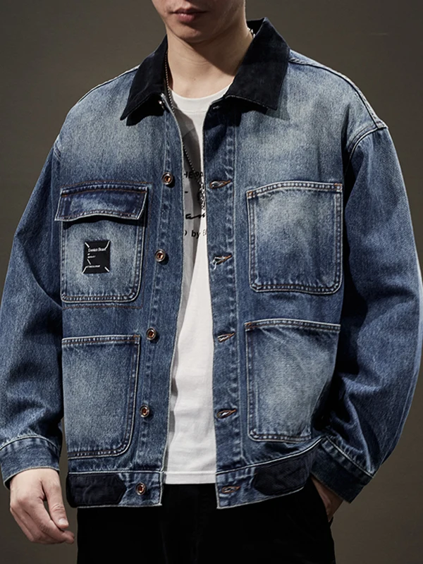 

Retro American Waed Denim Jaet Men's Spring Autumn New Sle Large Size Workwear Jaet Cotton Blend Loose Fit Youth Casual