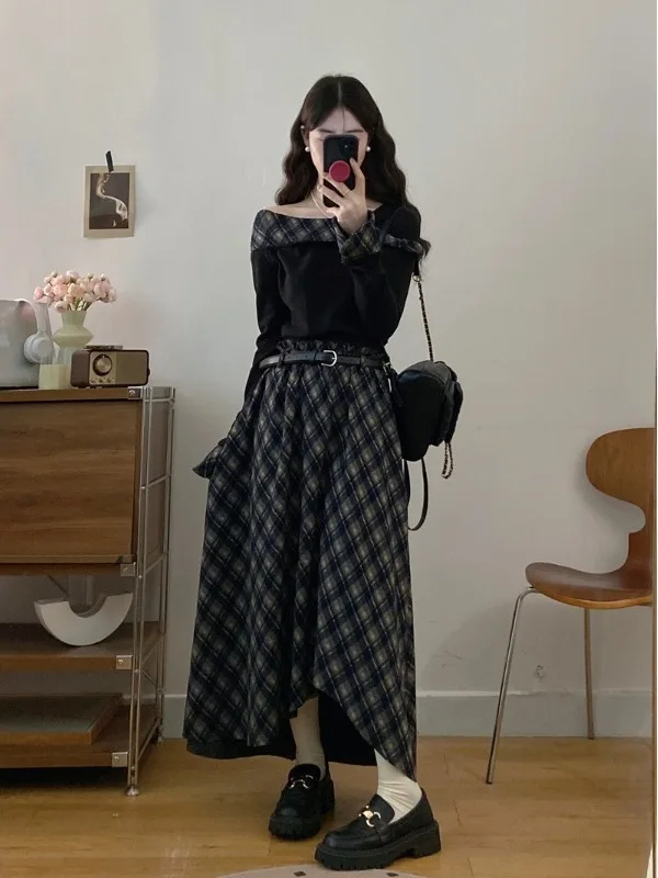 

plus Size Retro Suiting Set Autumn New Plaid Splicing Long Sleeve Irregular Woolen Skirt Fashionable Commute Style High ...