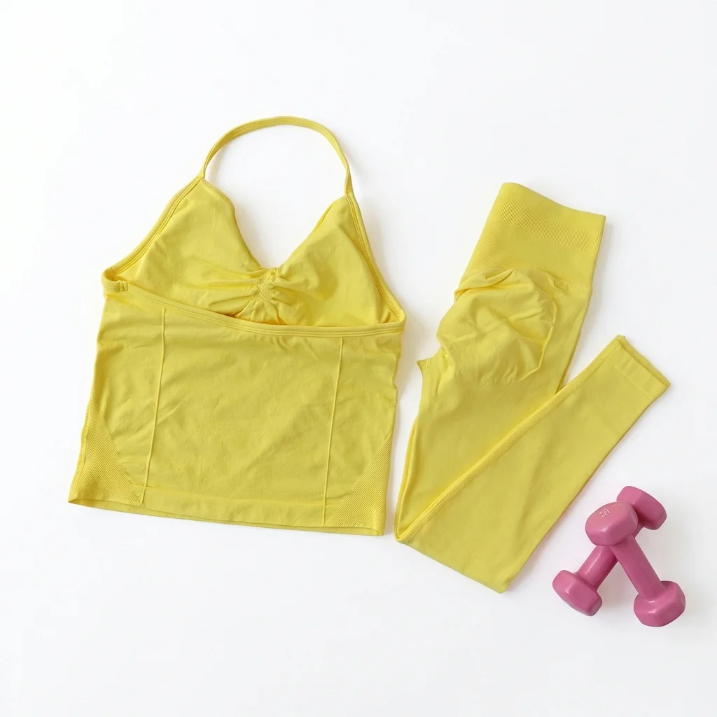 2-teiliges Yoga-Set für Damen: Rückenfreies Neckholder-Top, Hochgeschnittene Nahtlose Shorts, Fitness-Sportbekleidung, Workout-Set – Detail 2