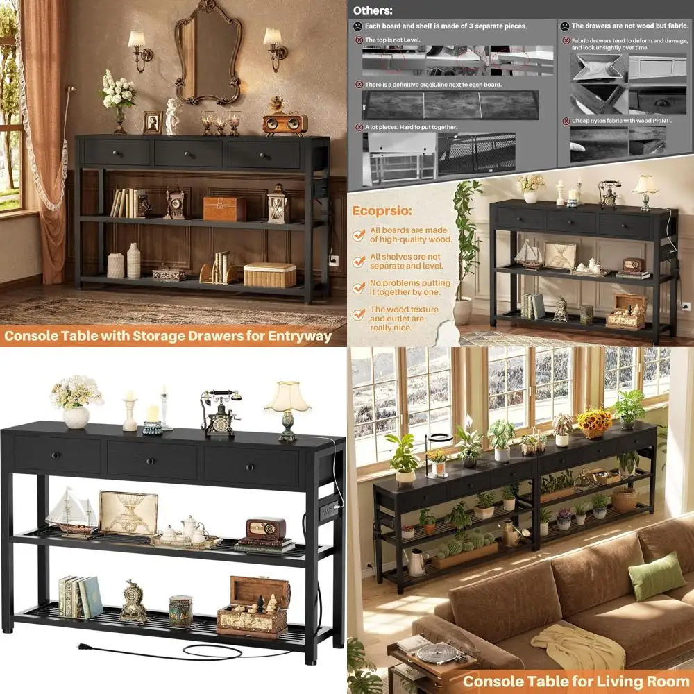 Black 47 Entryway Console Table with Outlets and USB Ports, Storage Drawers, Suitable for Living Room, Hallway, Foyer, Kitchen