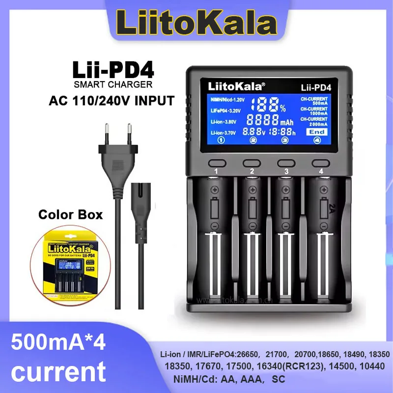 LiitoKala Lii-PD4 chargeur de batterie LCD pour 18650 26650 21700 18350 AA AAA 3.7 V/3.2 V/1.2 V/1.5 V Ni-MH batterie au Lithium 18650 chargeur