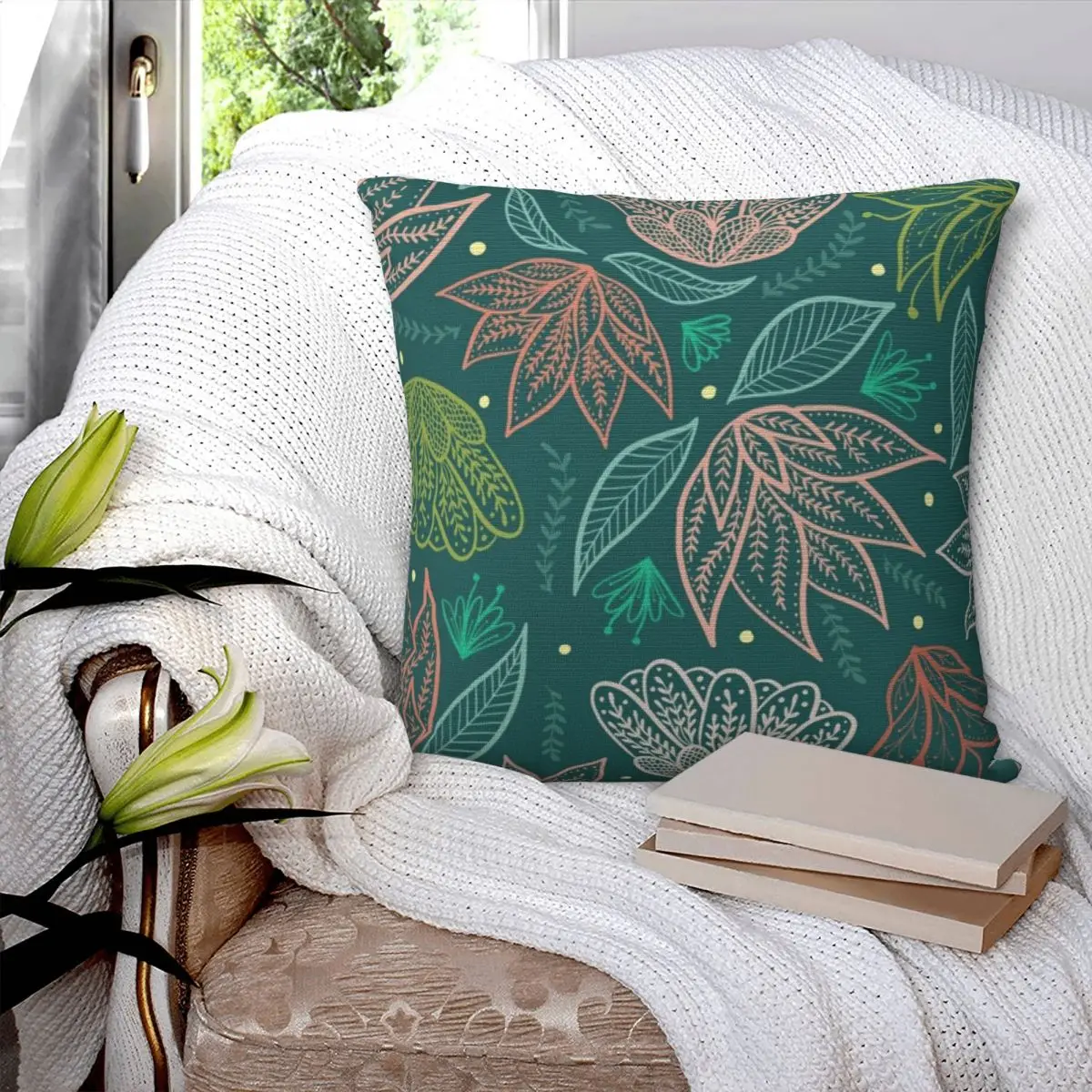 Bohemian Florals - Teal Square Pillowcase Polyester Pillow Cover Velvet Cushion Decor Comfort Throw Pillow For Home Bedroom