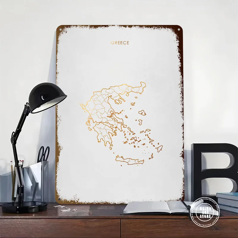 Gold Greece Map 3D Printed Texture Poster Personalized Wall Art Retro Metal Tin Signs for Home Decor Room Gamer Decoration Items