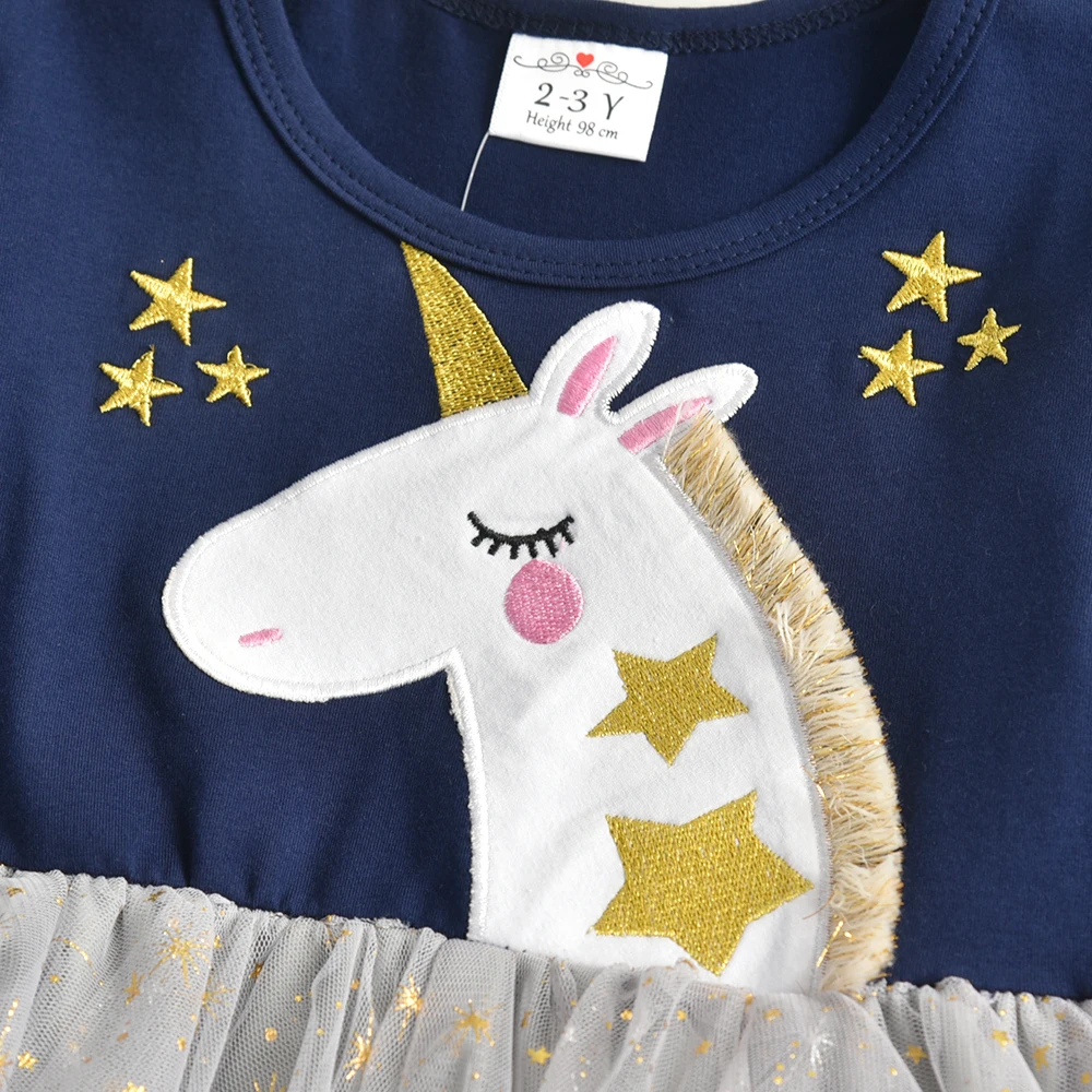 VIKITA Kids Autumn Spring Dress Girls Unicorn Star Appliqued Flare Sleeve Dress Kids Irregular Layered Birthday Party Dresses