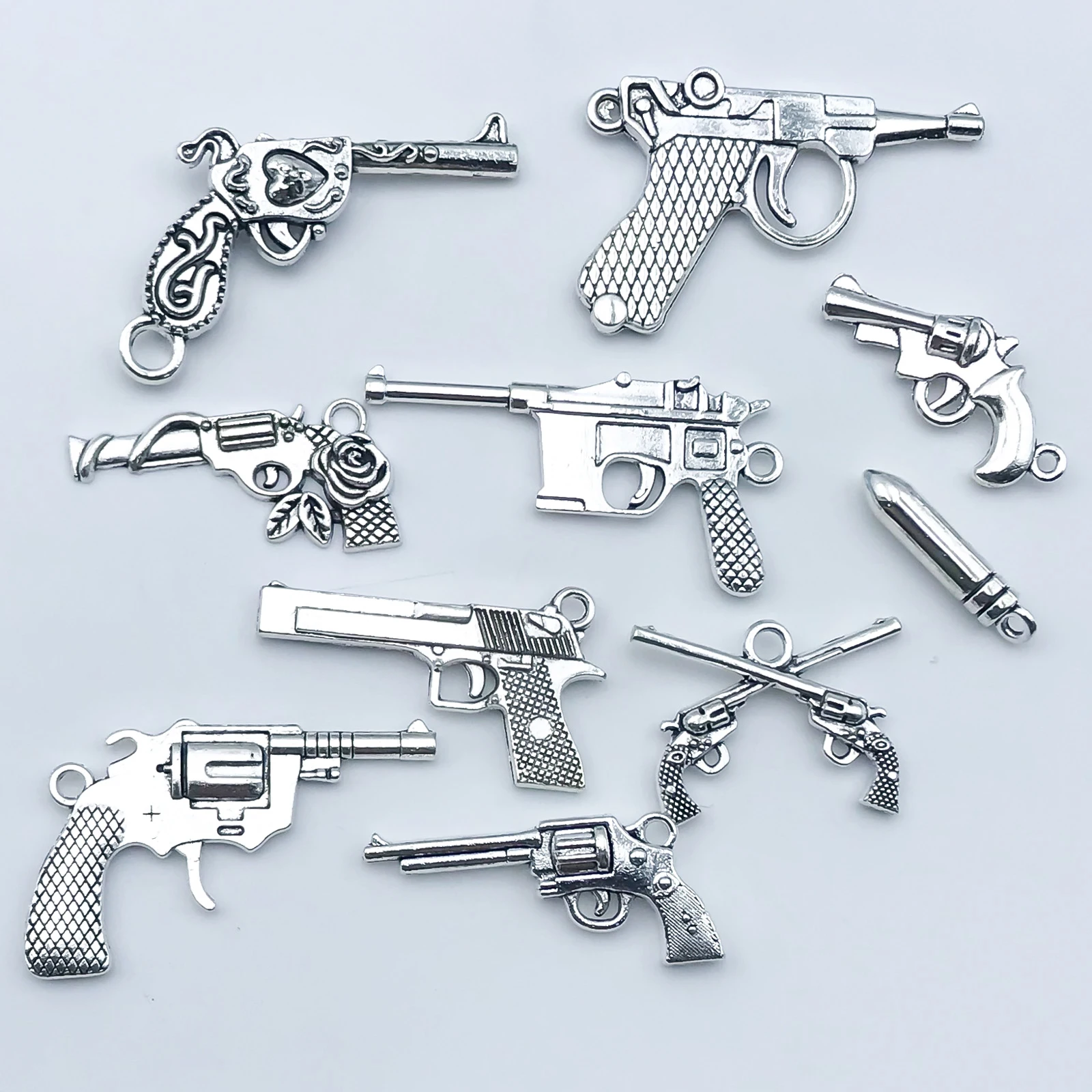 10Pcs/pack Alloy Antique Silvery Unique Gun-Shaped Charms Design Metal Pendants for Jewelry Making Findings Crafting Accessory