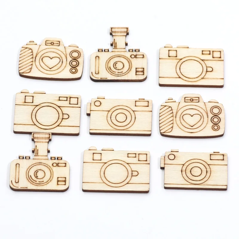 20pcs Mixed Camera Wooden Slices Handmade Embellishments Scrapbooking Gift Unfinished Wood Home Decoration DIY Craft Supplies