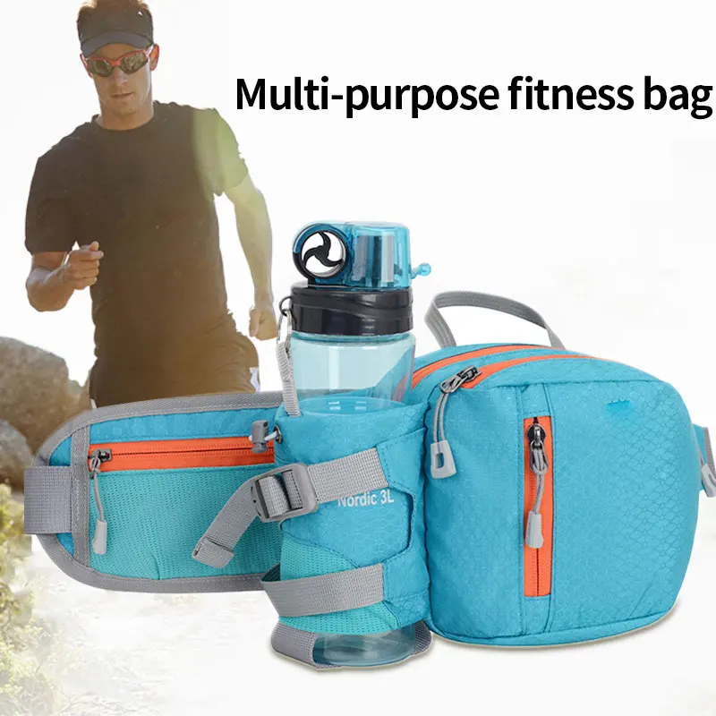 High Quality Waterproof Black Blue Nylon Hiking Fanny Waist Pack Sports Bum Waist Bag Running Bag with Bottle Holder