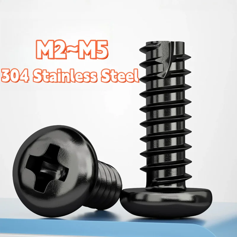 Black M2 M2.3 M2.6 M3 M3.5 M4 M5 Pan Round Head Self Tapping Wood Screw Tail-Cut Phillips Cross Recessed Stainless Steel