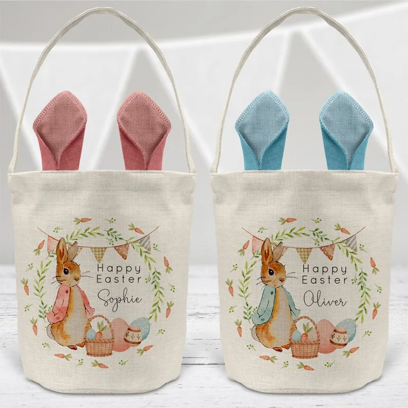 

personalised Egg Hunt basket with Bunny rabbit Ears happy Easter party Sack rustic decoration children kid boy girl gift bag