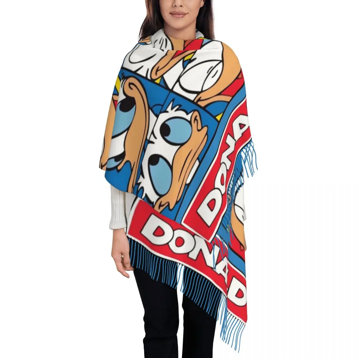 

Custom Lady Large Donald Duck Many Faces Scarves Women Winter Soft Warm Tassel Shawl Wraps Scarf