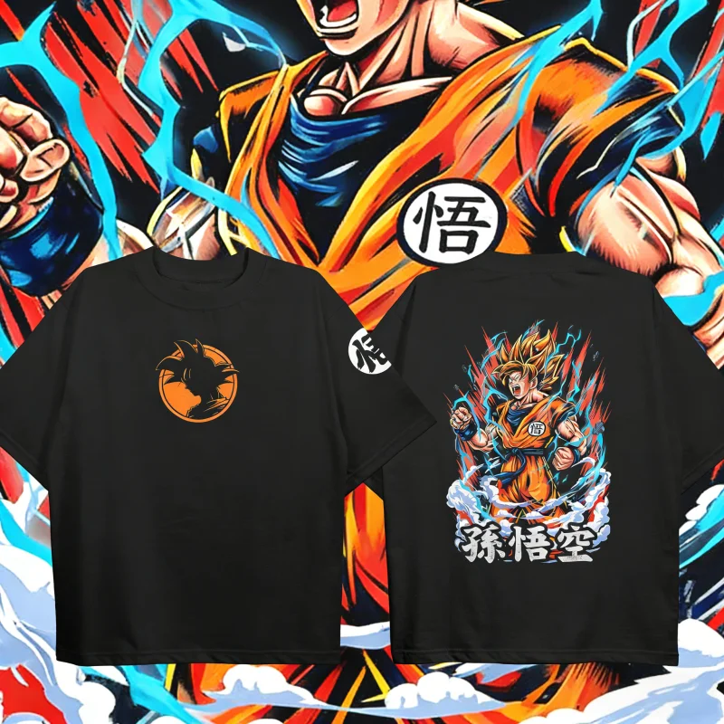 

2026 Summer Dragon Ball Retro Cotton T-Shirt Unisex Kids & Adult Tee, Super Saiyan Goku Front & Back Graphic Print Streetwear