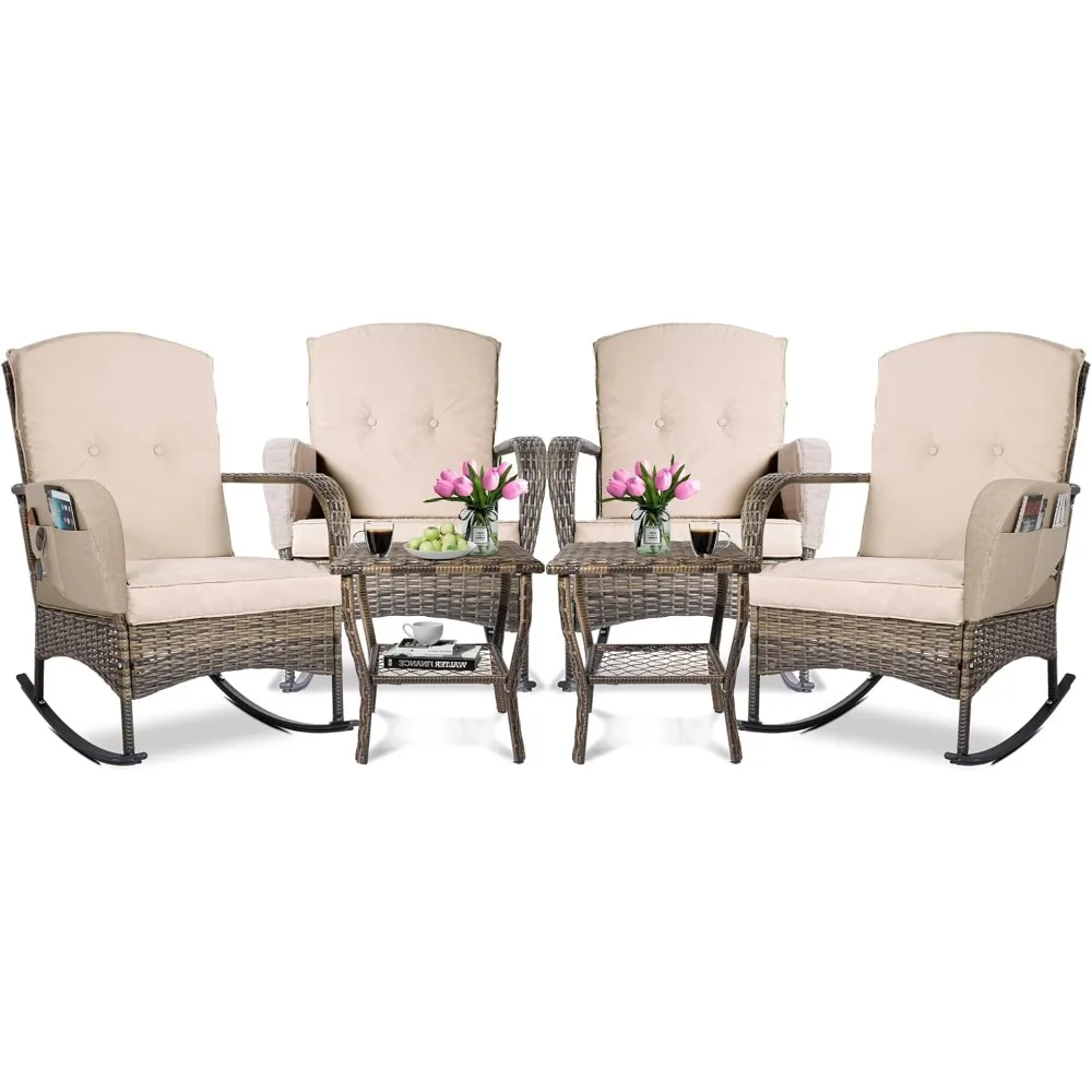 

6-Piece Patio Furniture Set,Outdoor Rocking Chairs Set of 2, Patio Conversation with 4 Wicker Chairs with 2 Coffee Tables and Cu