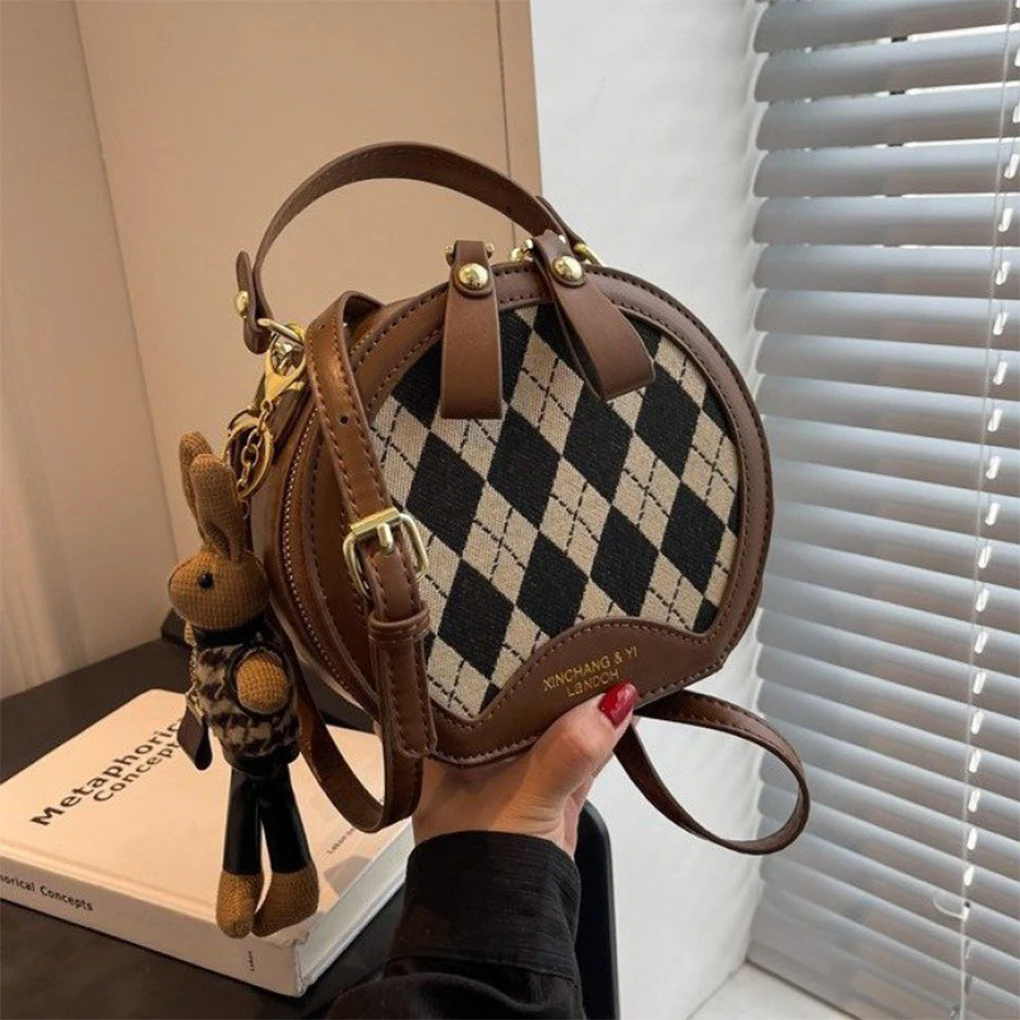 Luxury Retro Round Shoulder Bag Rhombus Pattern with Cute Bunny Charm Crossbody Bag for Women Top Handle Bag PU Leather Hobo Bag