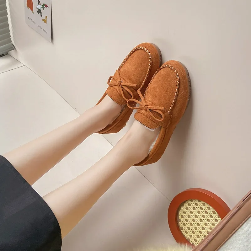 Winter Shoes Women Casual Flat Shoes Women\'s Moccasins Soft Loafers Fashion Comfort Warm Plush Bow Slip on Female Cotton Shoes