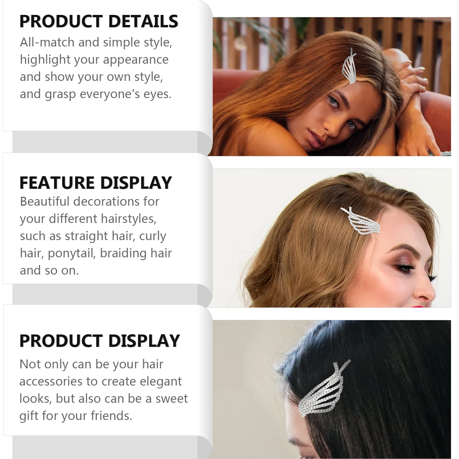 

4pcs Wing Hairpin Rhinestones Side Hair Clip Fashion Alloy Durable Shiny Styling Ponytail Braiding Accessory Gift For Women