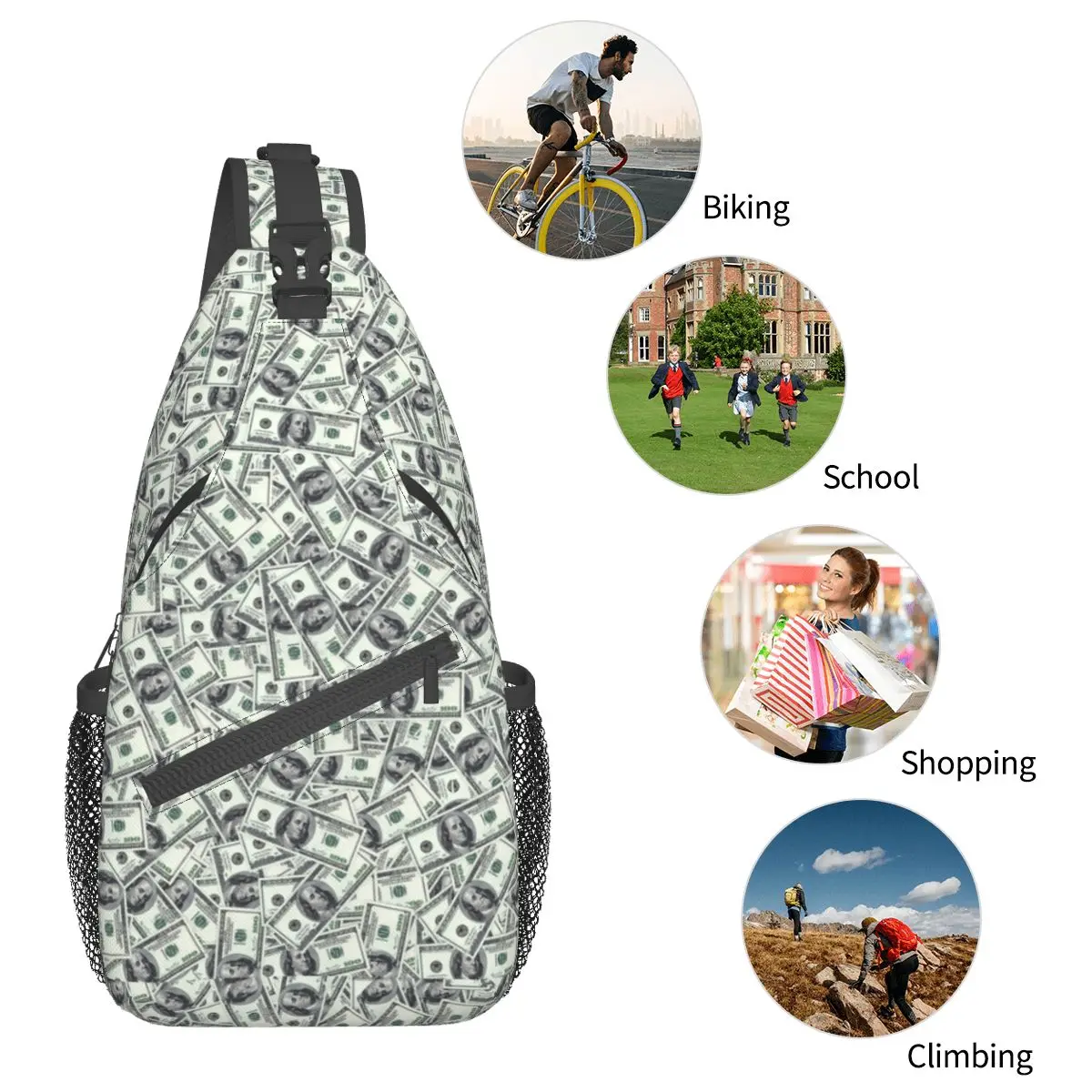 Giant Money Background 100 Dollar Bills Crossbody Sling Bags Printed Chest Bag Shoulder Backpack Daypack for Hiking Camping Pack