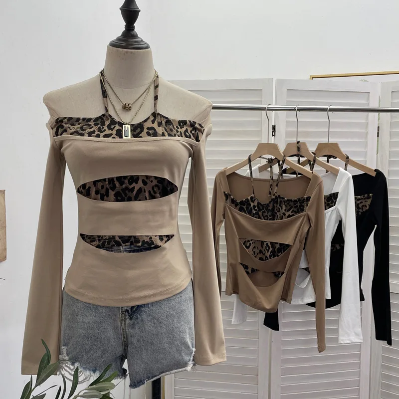 High Quality Hot Selling Wholesale Hanging Neck Leopard Print Fake Two Piece Long Sleeved One Shoulder Short Base T-shirt Women