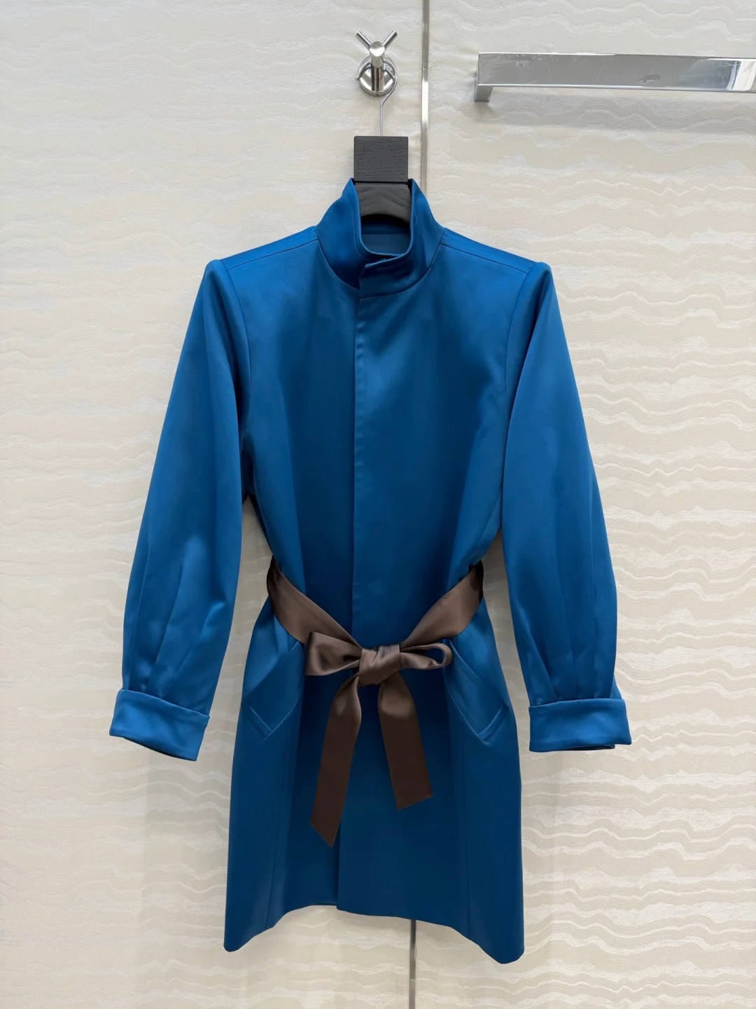 Light Luxury Satin Dress for Women Stand Collar Color Contrast Tie Waist Puff Sleeve Elegant Midi Shirt Dress