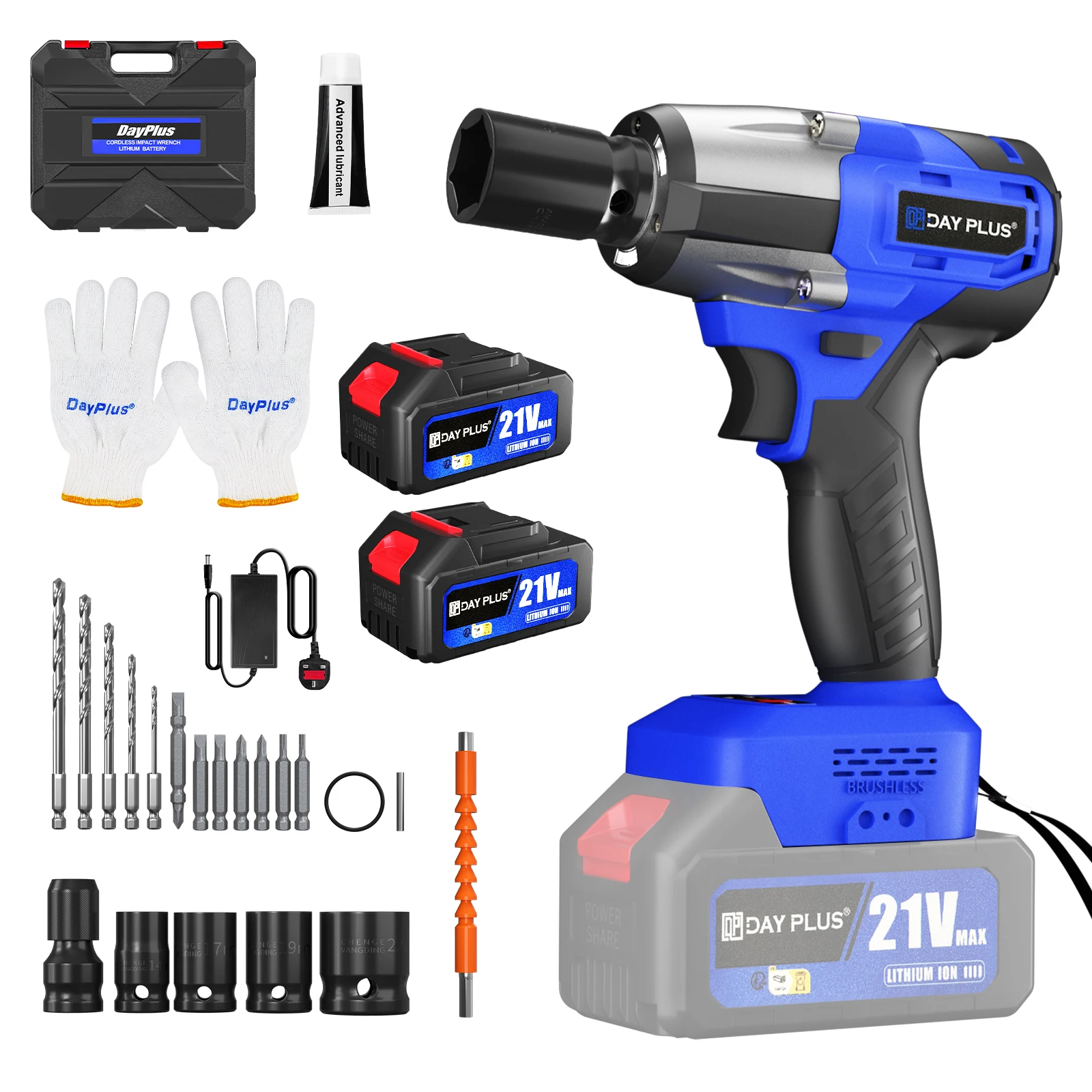 

DayPlus Cordless Impact Wrench 1/2 inch, Brushless Impact Gun 450N.m High Torque, 3200rpm Variable Speed with 4 Socket Sets