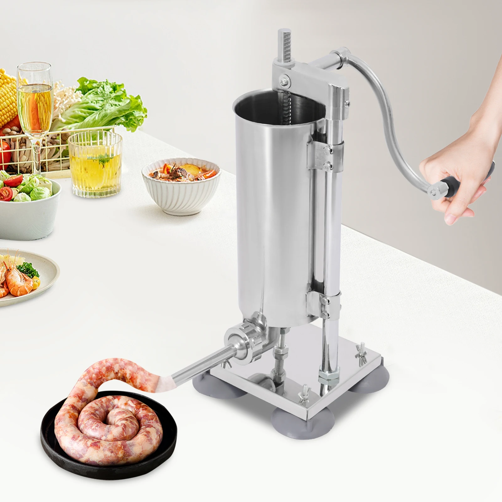 

3L Manual Sausage Stuffer Meat Filling Machine Stainless Steel Vertical Homemade Sausage Maker W/ 4 Steel Tubles , Silver