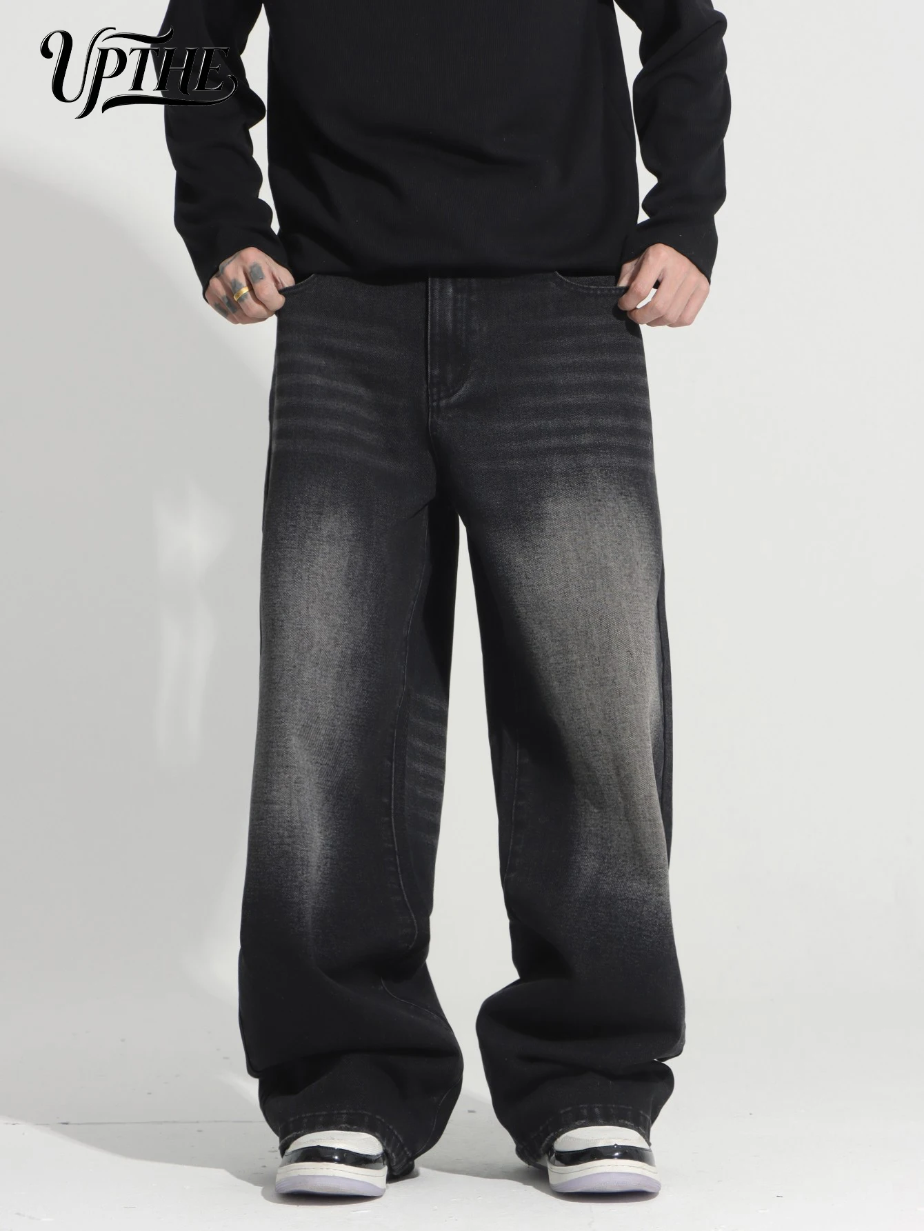 UPTHE Men's Baggy Wide Leg Jeans, Vintage Black Gray Faded Wash Loose Denim Pants, Hip Hop Y2K Streetwear Oversized Trousers