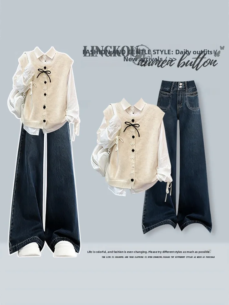 

Fall Winter Women's Knitted Sweater Vest Top Slimming Jeans Tee-Piece Set Soft Cozy Sle High Waist Long Sve Casual Fas...