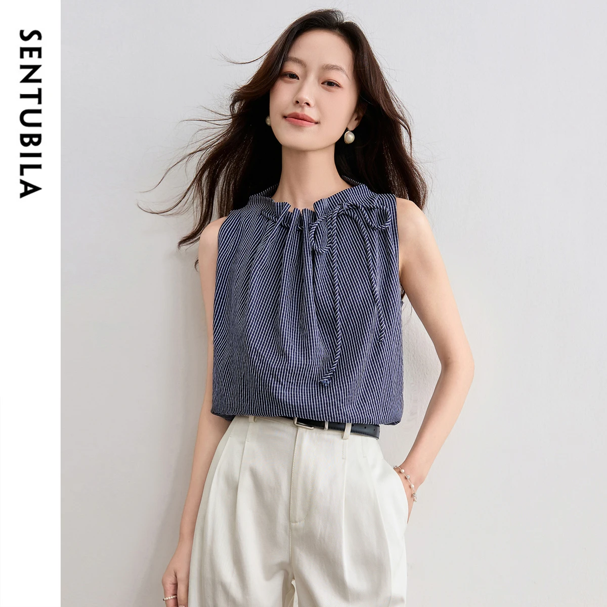 

Sentubila Chiffon Blouse For Woman 2025 Summer Design Striped Lace-up Pleated Flower Bud Hem Shirts Short Sleeveless W52VA2363