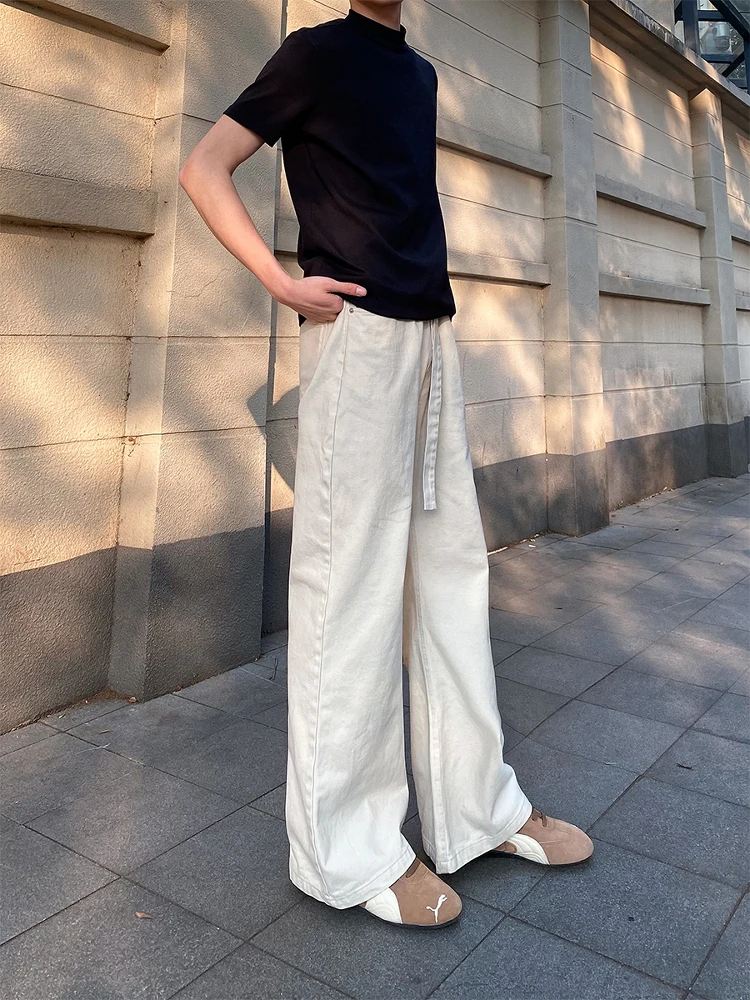 Retro American High Street Workwear Denim Pants Adjustable Waist Belt Men's Wide Leg Straight Leg Trousers Trendy Unisex