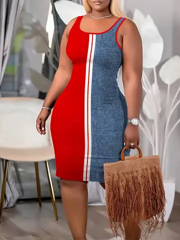 Graphic printing U-neck sleeveless vacation casual tight mid-length T-shirt dress
