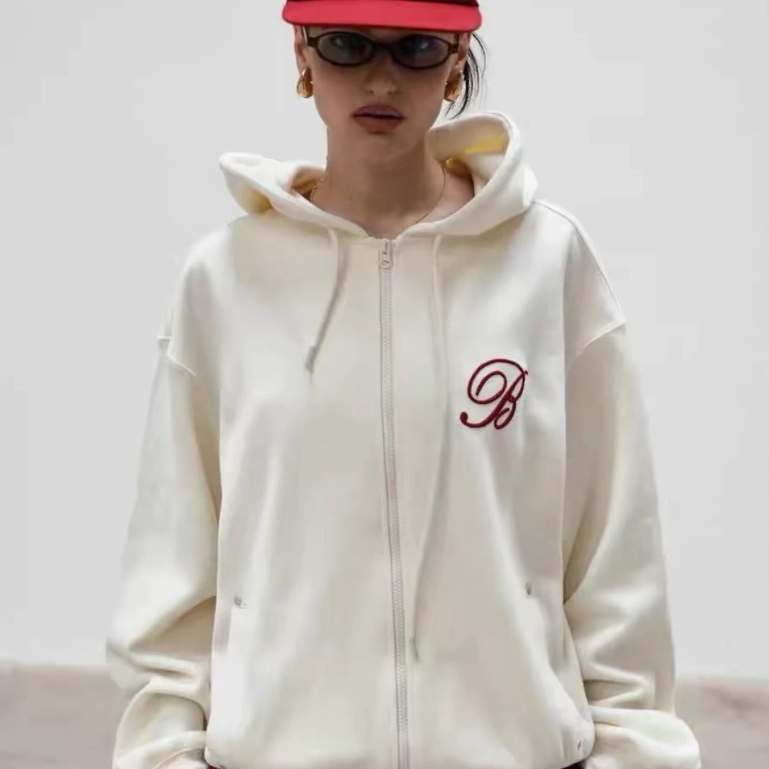 Korean Badblood Couples Casual All Match Zip-up Pullover with Initials Little Heart Embroidery Loose Fitting Sweatshirt Unisex