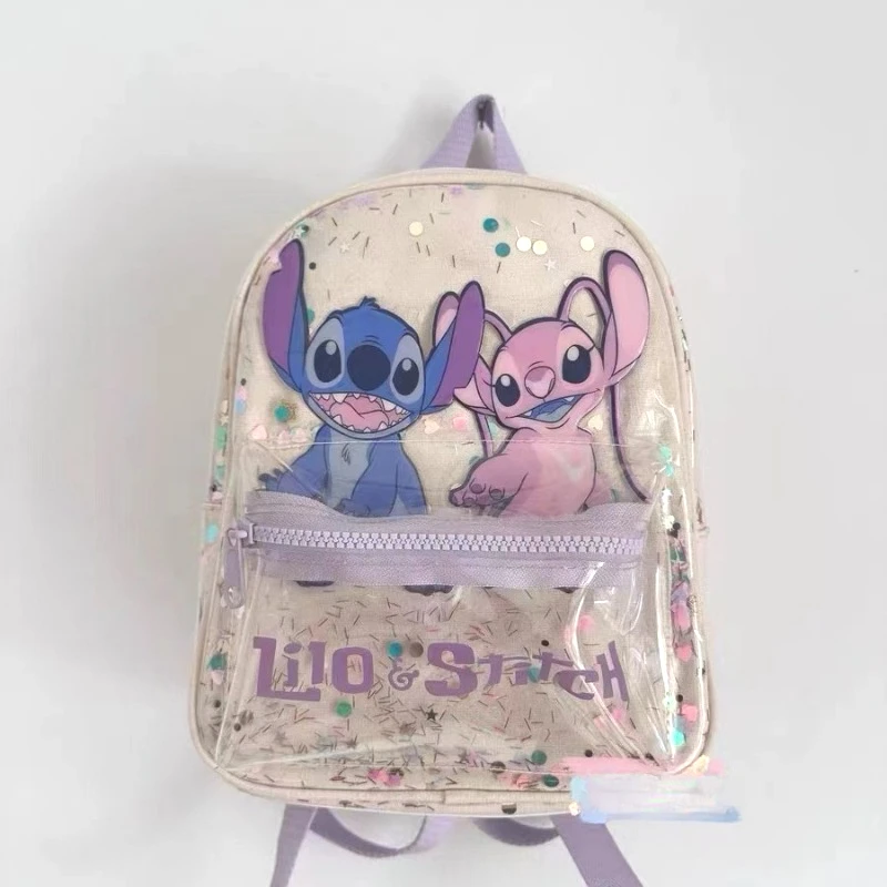 New Disney Off-white Stitch Printed Transparent Sequin Star Decoration Cute High-quality Backpack for Boys and Girls