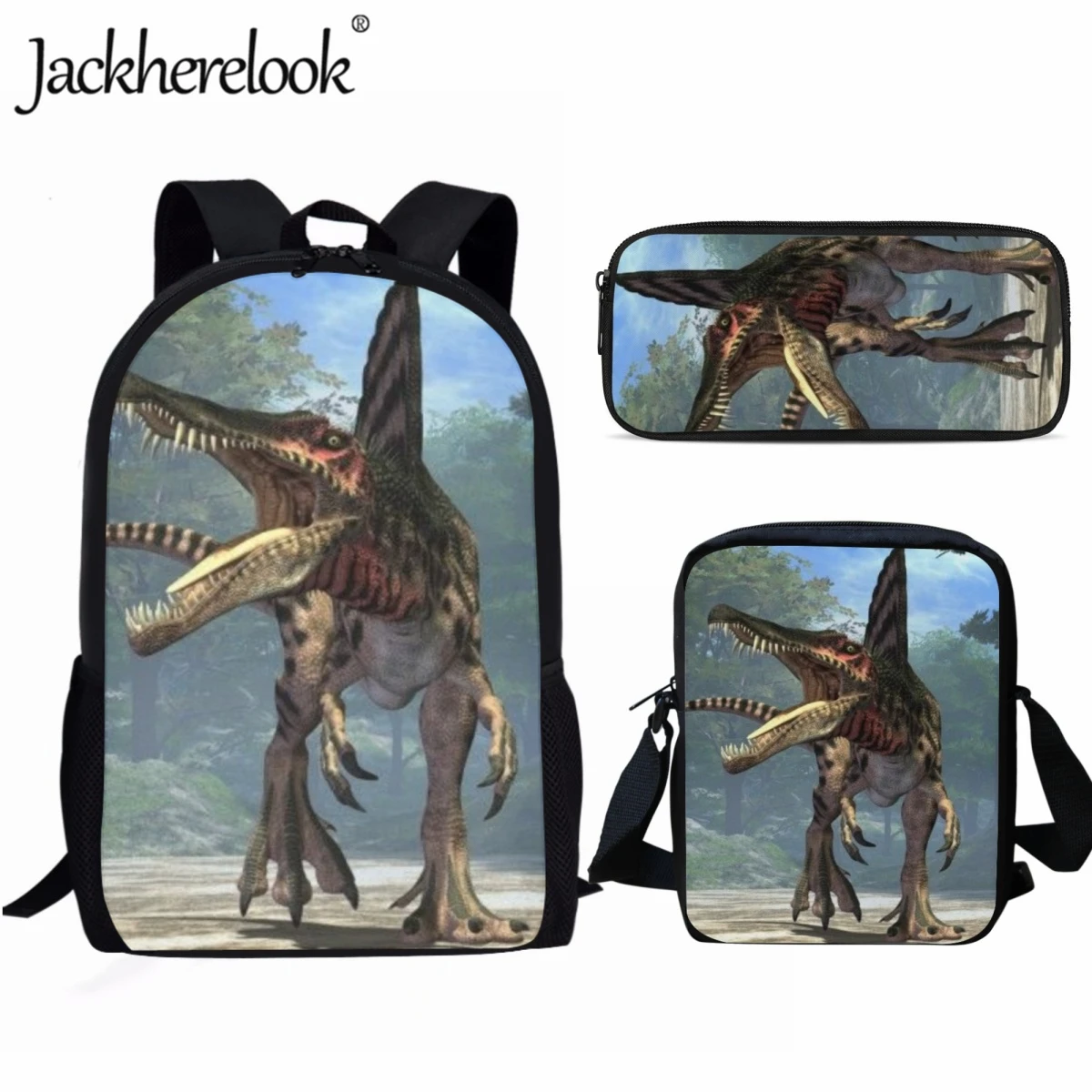 Jackherelook Ancient Times Dinosaurs 3D Printing School Bag Sets for Boys Fashion Trend Kids Travel Backpacks Daily Book Bags