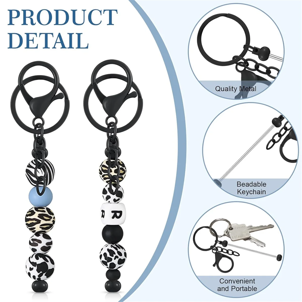 ABP-24 Pcs Beadable Keychain Bars Bulk for Beads DIY Blank Keychain Metal Beaded Keychain for Bead Keychain Crafts Black