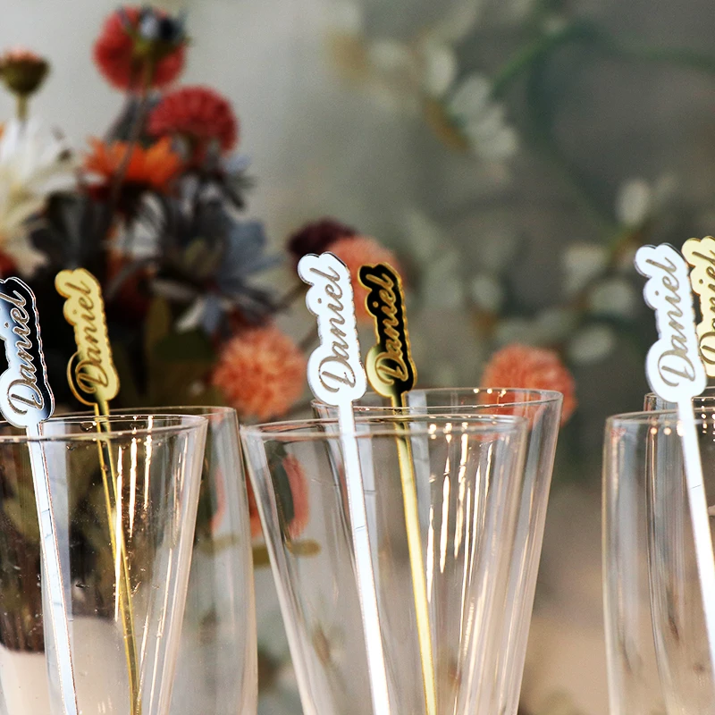 Custom Name Drink Stirrers Sideways Personalized Acrylic Wine Charm Table Tag Glass Markers Swizzle Sticks Wedding Decorations