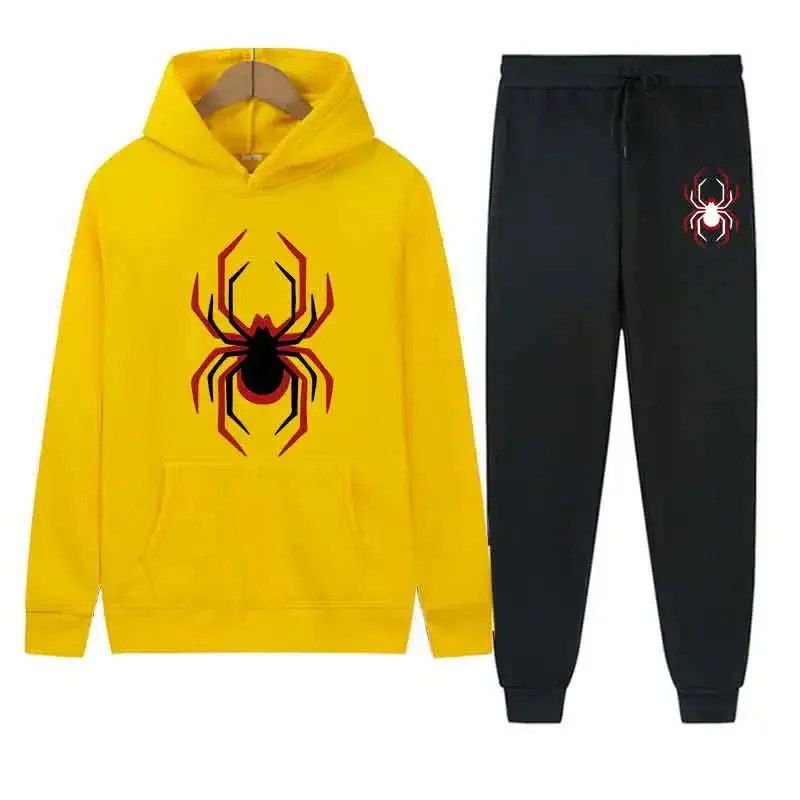 هوديي كاجوال للرجال، توب، بناطيل ضيقة، سويت شيرت جيب أنيق للشارع، مجموعة ملابس رياضية مطبوعة، ملابس عصرية صفراء لـ Sp #3