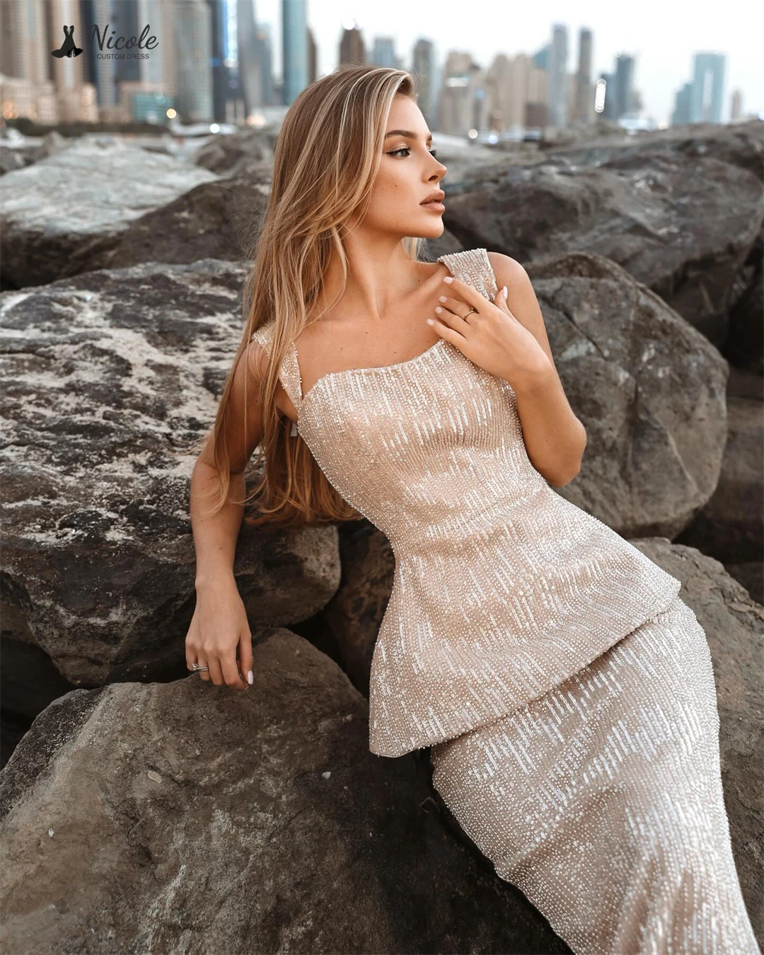 Nicole lussuoso abito da ballo di lusso 2025 gonna a coda di pesce su misura spalline larghe colletto quadrato abiti da cerimonia nuziale