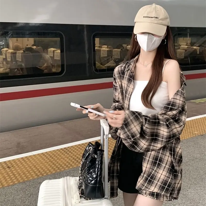 2024 autunno nuova camicia a quadretti retrò giacca da donna a maniche lunghe cardigan sottile top camicia stile pigro allentato