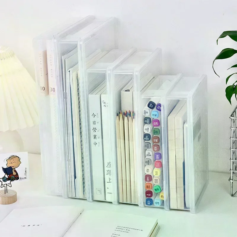 

A4 File Storage Box Transparent Portable Document Organizer Dust-proof Plastic Stationery Storage Case Office Desktop Supplies