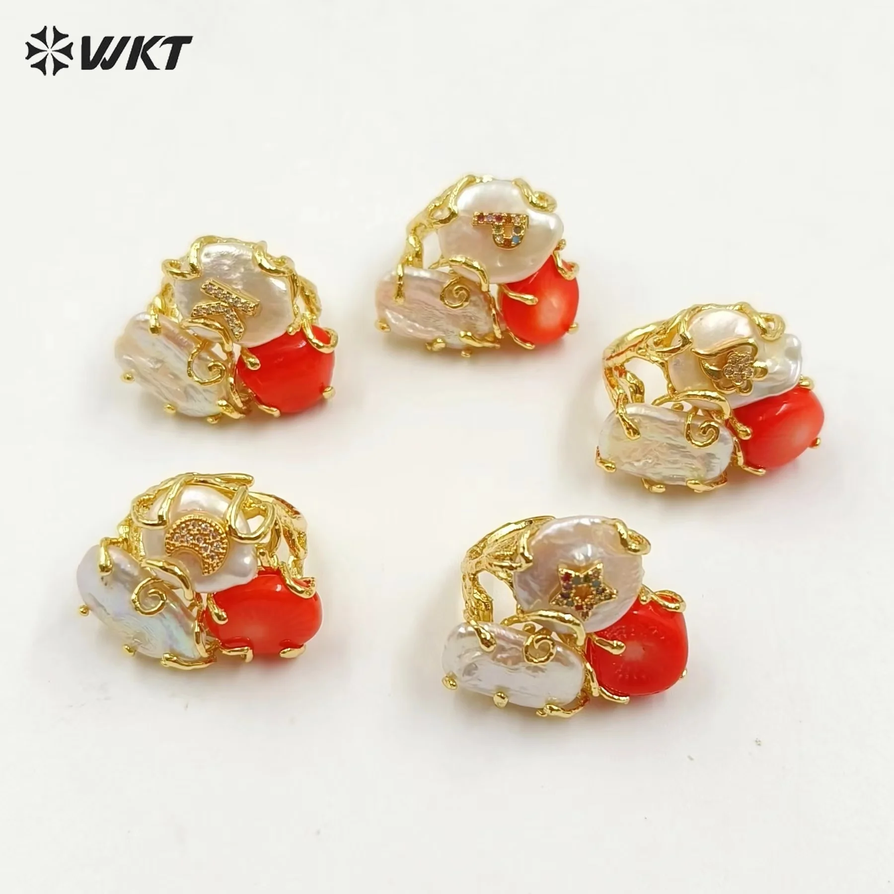 

WT-MPR093 Exquisite Fine Natural Pearl And Red Coral With Cubic Zircon 18K Gold Plating Ring For Women Jewelry ACC