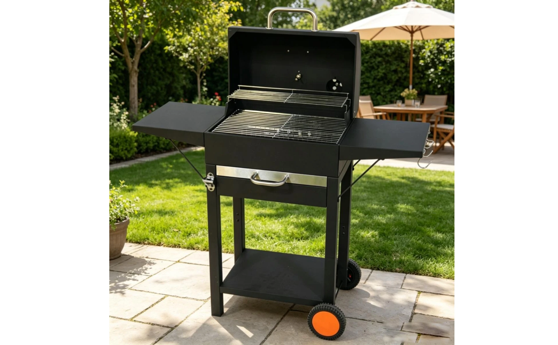 Wheeled Charcoal Barbecue Grill Domed Lid Trolley-Design Charcoal Grill Outdoor Cooking Upper Air Vent Chimney Temperature