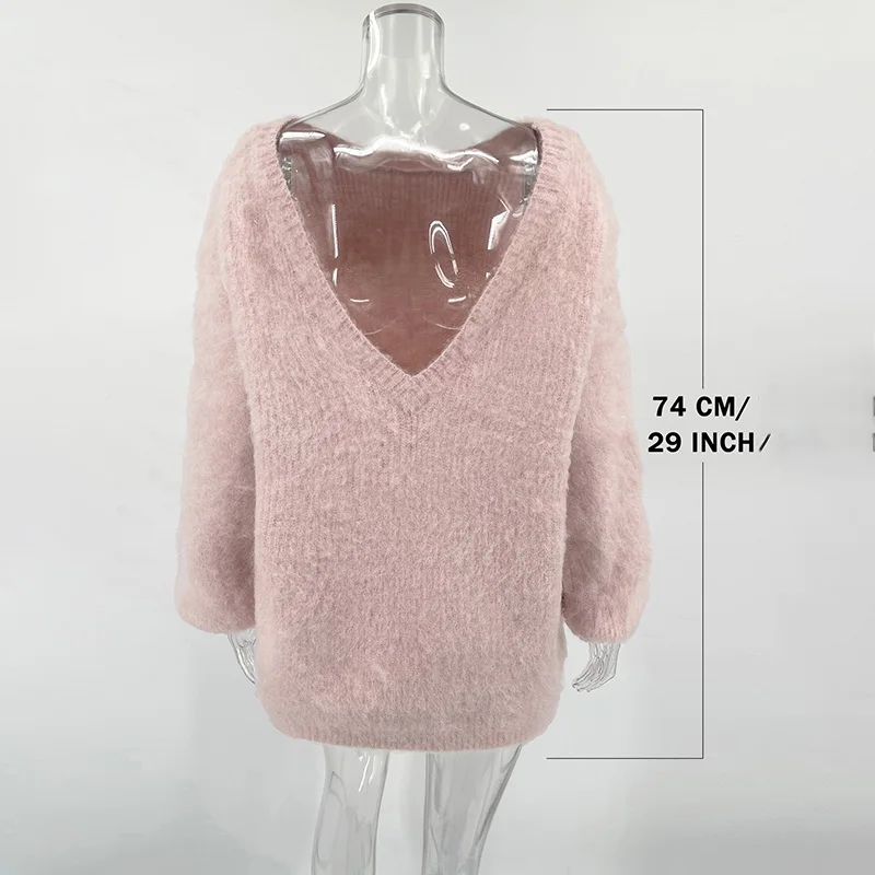 TARUXY 2024 Autumn Long Sleeve Sexy Big Backless Knitted Sweater Dress For Women Fashion Solid Loose Sweater Pullover Streetwear