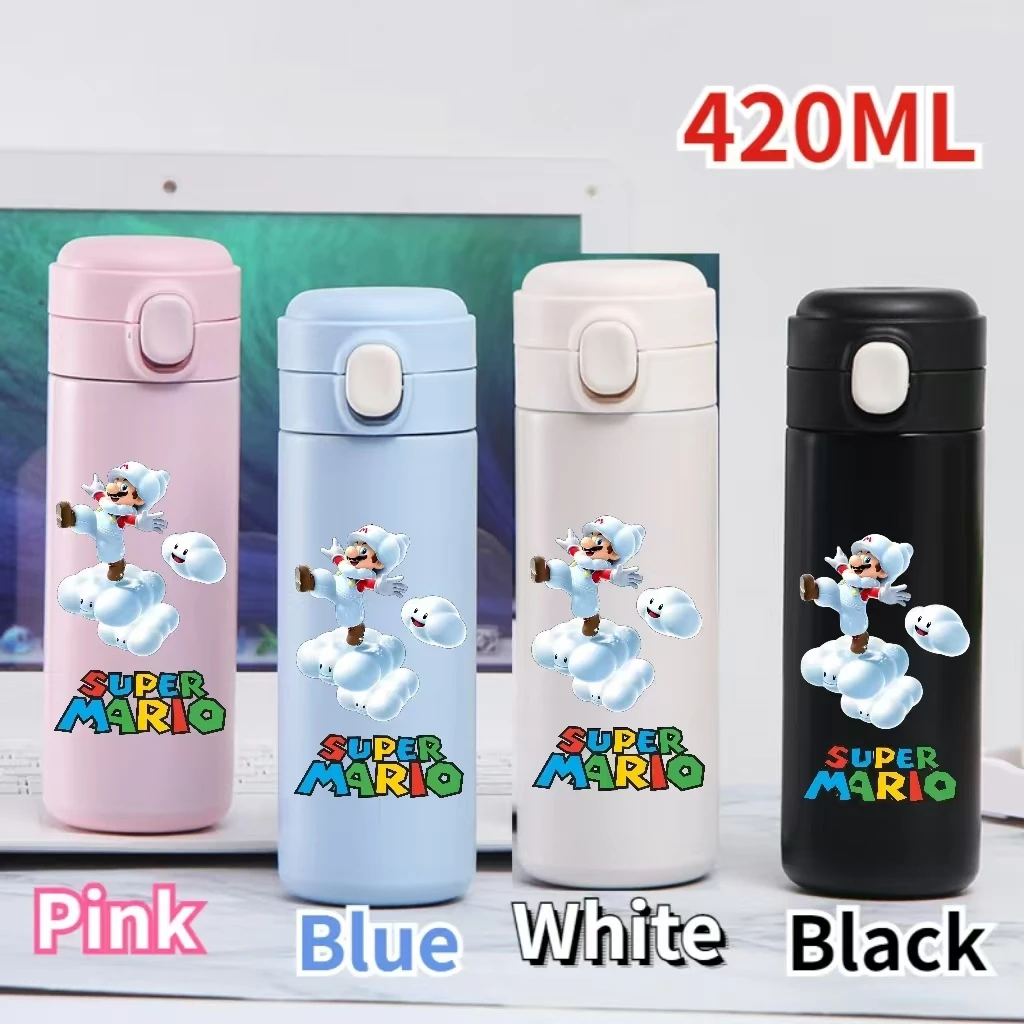 420ml Super Mario Pink White Black Blue Flip Lid Thermos Cup Mario Luigi Portable Leakproof Outdoor Sports Drinking Bottle Gift