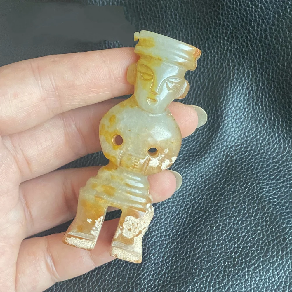 Patina Old Jade Human Figurine Pendant Warring States Han Dynasty Style Carved Old Jade Amulet Chinese Art Collectible