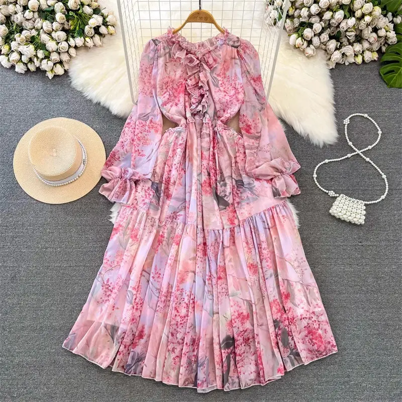 

Spring Autumn Women Long Dress Gentle Style Full Sleeve Round Neck Waist Wrap A-Line Printed Chiffon Dress Elegant Vestido z4079