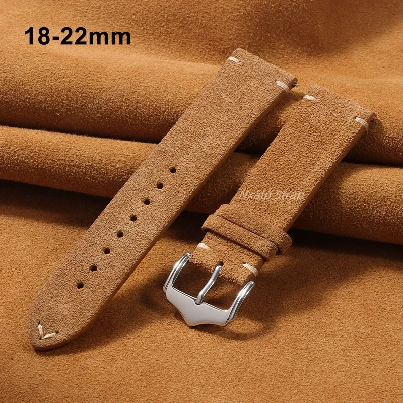 

Vintage Suede Genuine Leather Watch Band 18mm 20mm 22mm for Seiko for Omega Handmade Stitching Cowhide Wristband Quick Release