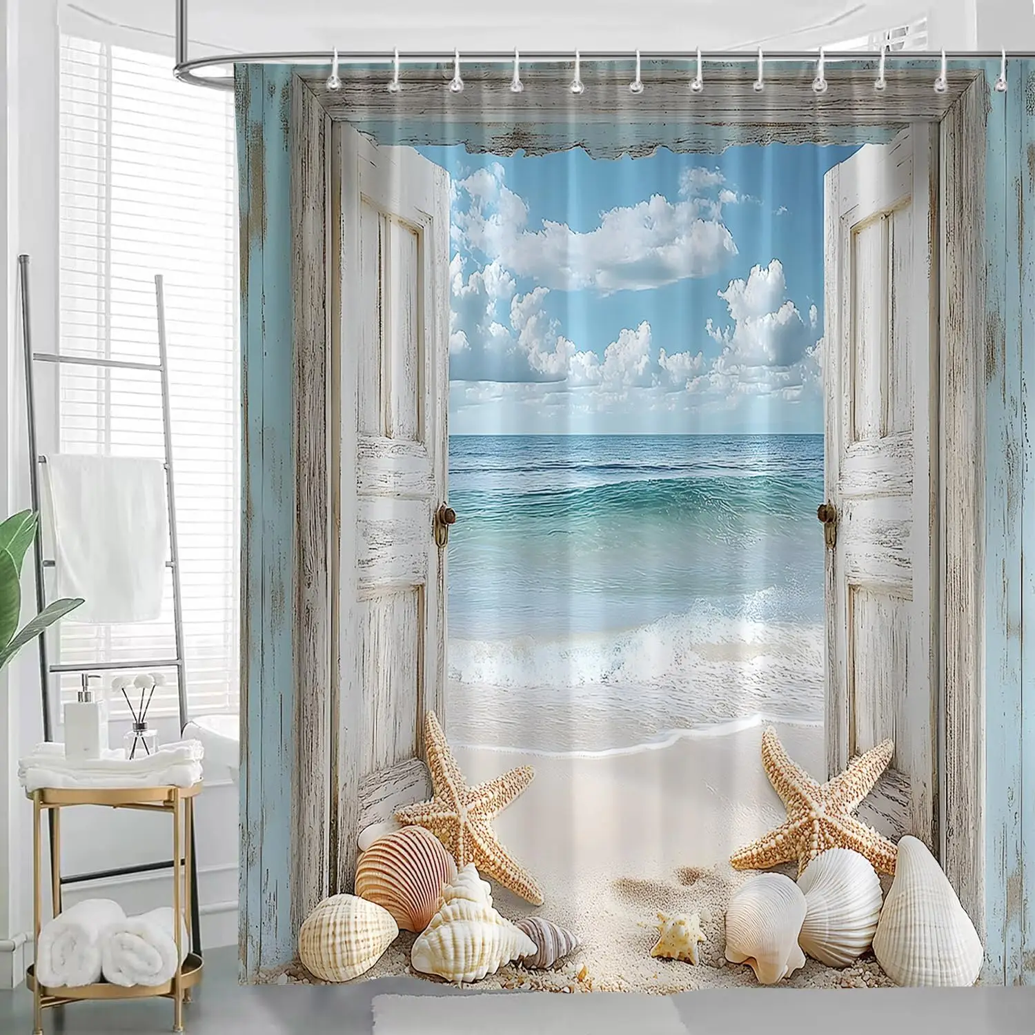 Beach Coastal Shower Curtain Rustic Barn Door Sea Waves Ocean Seascape Landscape Starfish Seashell Nautical Turquoise Tropical