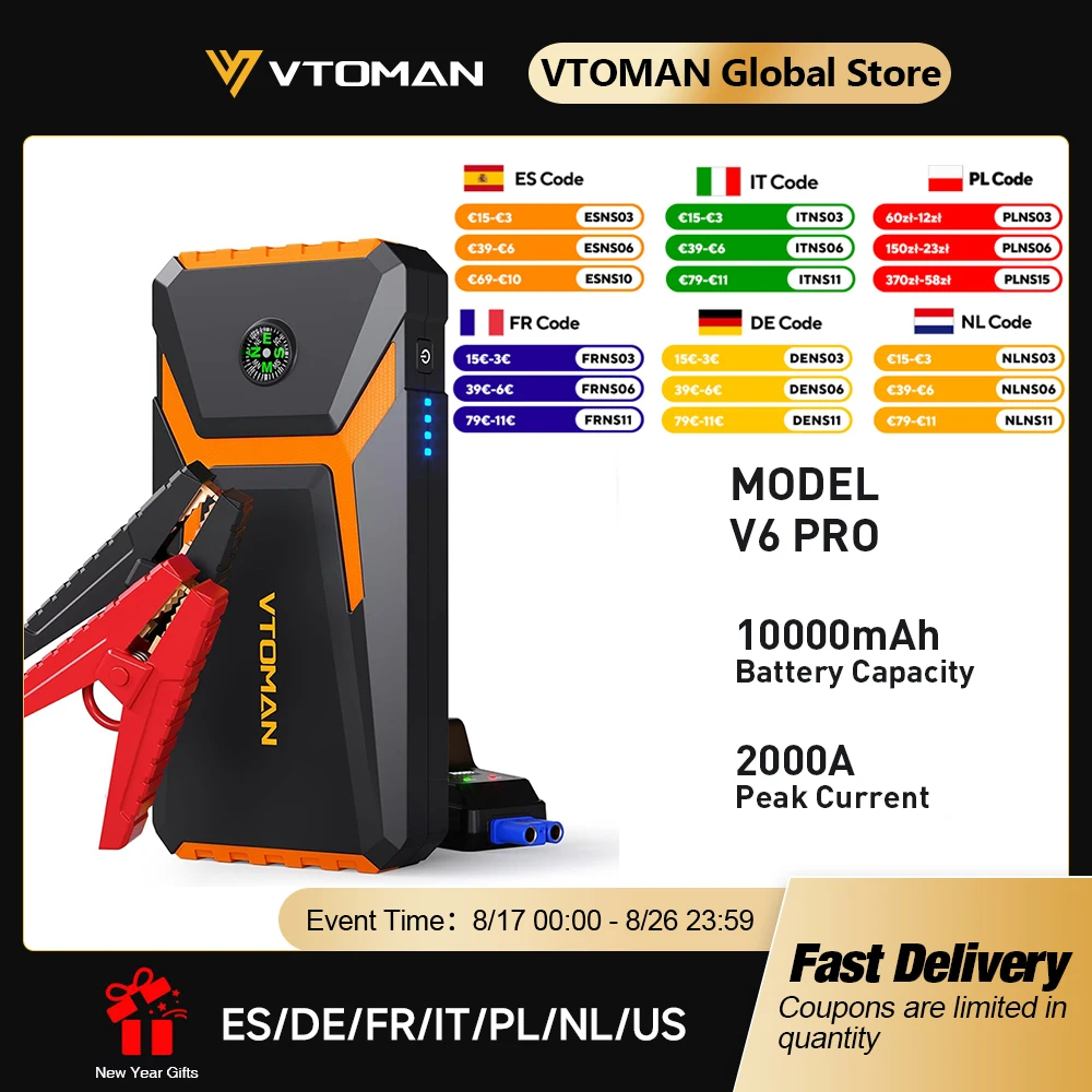 VTOMAN V6 PRO 2000A 12V Rozrucharka Samochodowa 7.0L Benzyna 5.0L Diesel Przenośny Power Bank z Kompasem Awaryjny Booster do Akumulatora Samochodowego