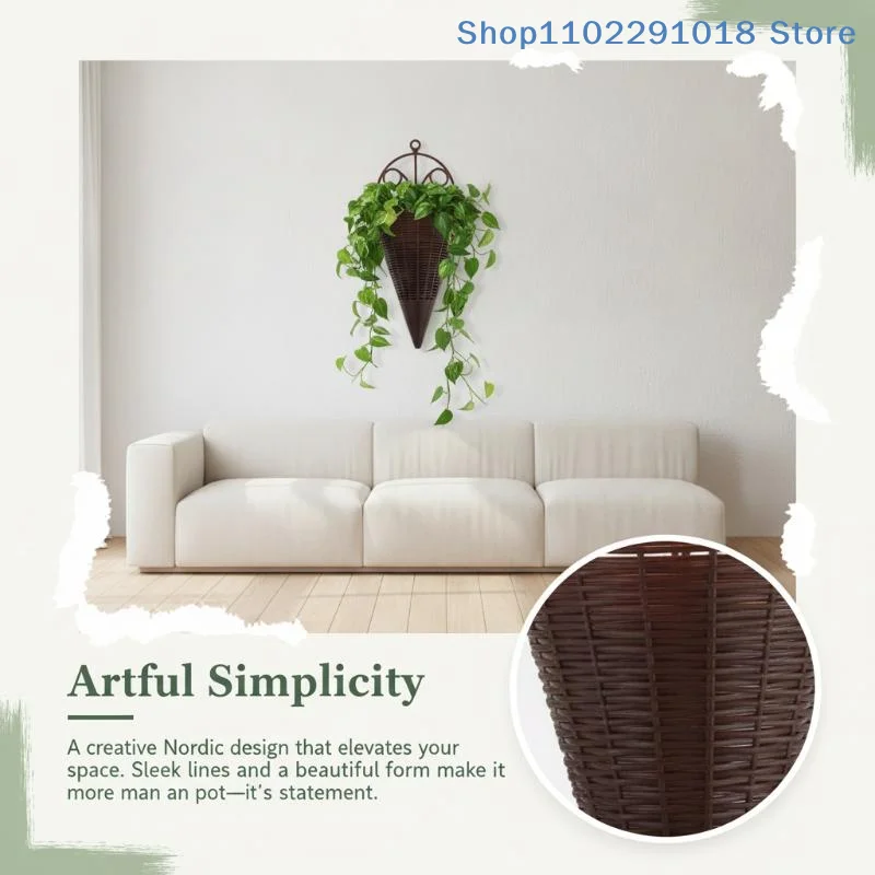 practicalBrown Wall Hanging Cone Planters Imitation Rattan Weave Lightweight Vintage for Porch Hanging  Displayhousehold