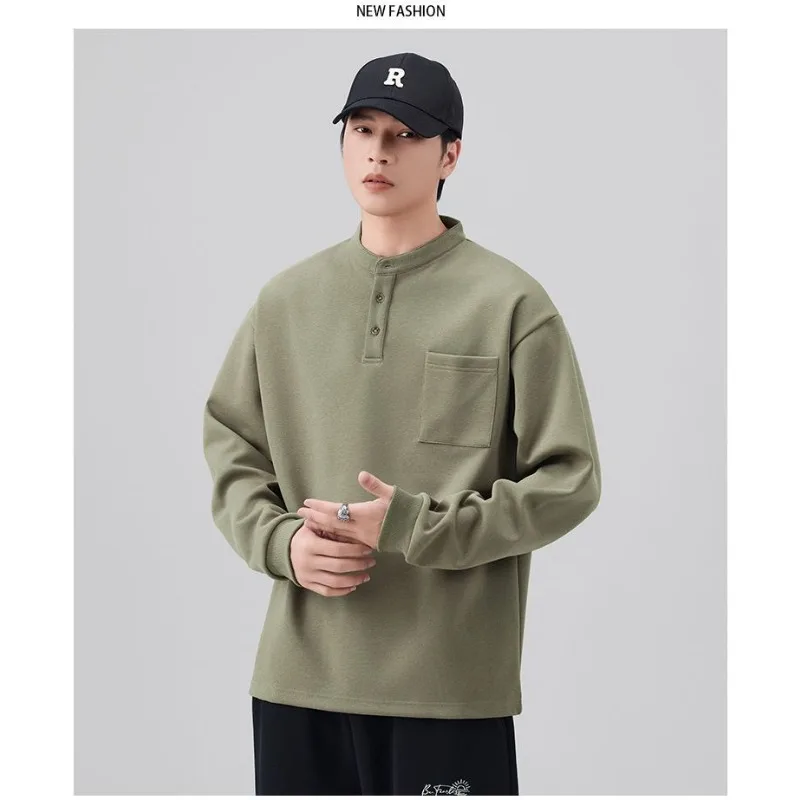 

Мужская осенняя теплая толстовка с карманом и воротником-стойкой, футболка с длинными рукавами, модная верхняя куртка